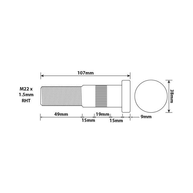 WHEEL STUD M22X1.5 RHT 98MM UH ISO SINGLE/TWIN WHEEL