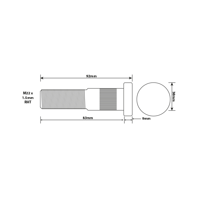 WHEEL BOLT M22 X 1.5 83MM UH ALUM SINGLE WHEELS