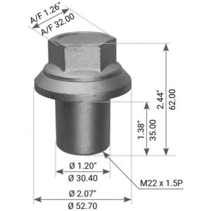 SLEEVED WHEEL NUT M22X1.5 62MM HIGH TO SUIT IVECO